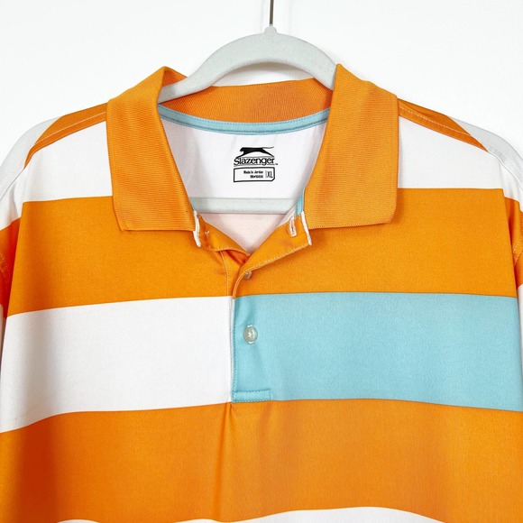 Slazenger Men's Short Sleeve Polo Golf Shirt Orange & White Stripe Size XL - Picture 2 of 11